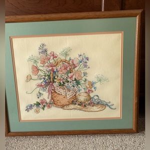 Cross stick artwork with custom oak frame